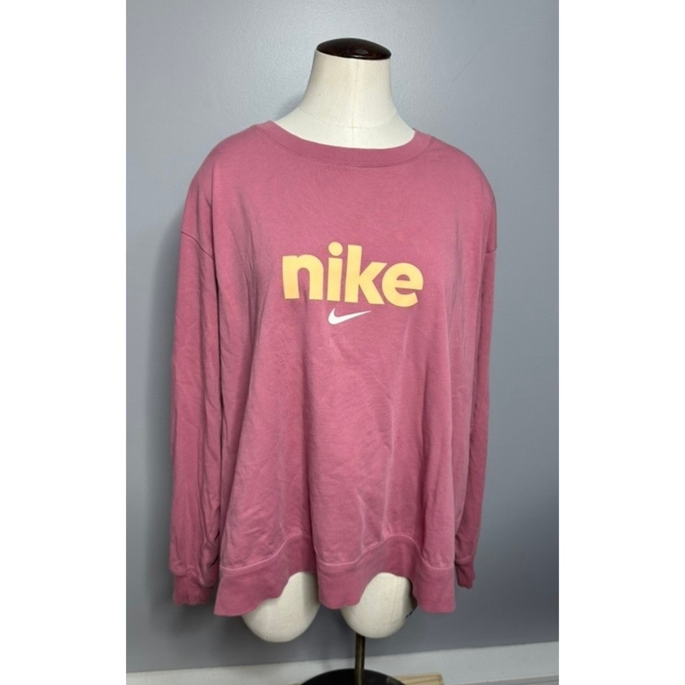 Nike Womens 1X Pink Long Sleeve Graphic Swoosh Logo Cotton TShirt Top Athleisure
